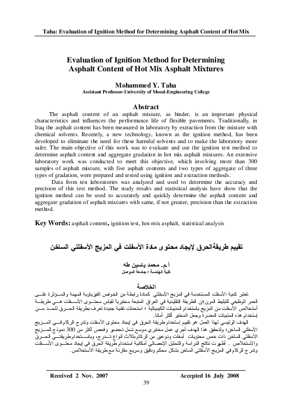 (PDF) Evaluation of Ignition Method for Determining Asphalt Content of Hot Mix Asphalt Mixtures