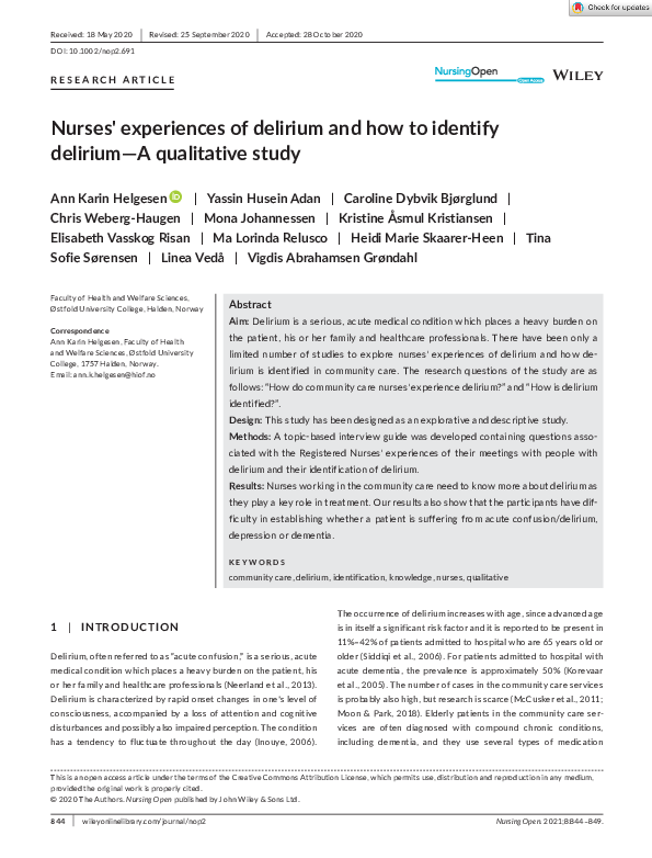 (PDF) Nurses' experiences of delirium and how to identify delirium—A ...