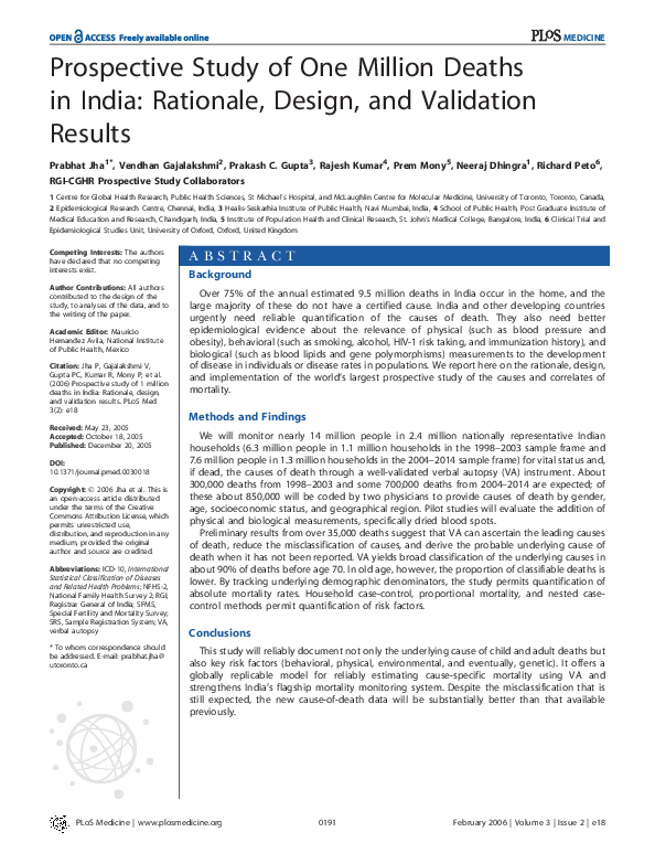 (PDF) Prospective Study of One Million Deaths in India: Rationale ...