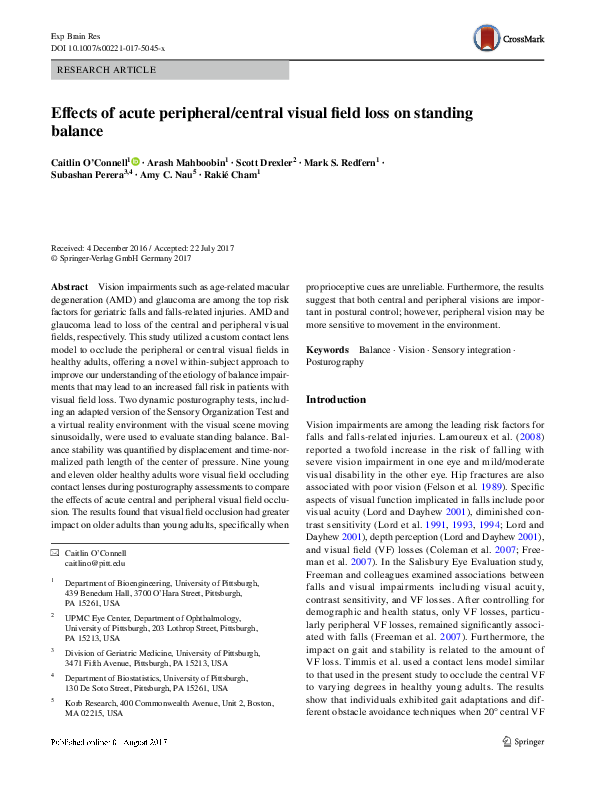 (PDF) Effects of acute peripheral/central visual field loss on standing ...