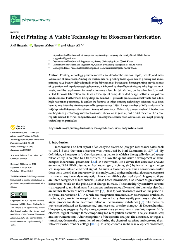 (PDF) Inkjet Printing A Viable Technology for Biosensor Fabrication