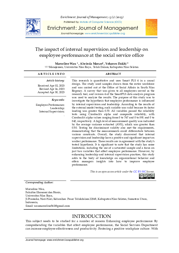 (PDF) The impact of internal supervision and leadership on employee ...