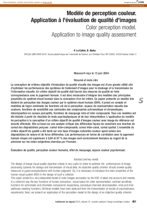 (PDF) Color perception model. Application to image quality assessment ...