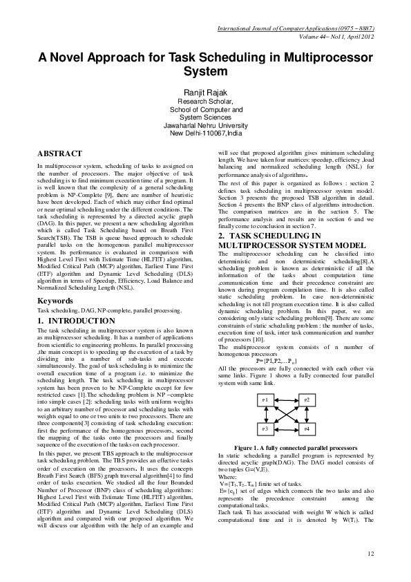 (PDF) A Novel Approach for Task Scheduling in Multiprocessor System