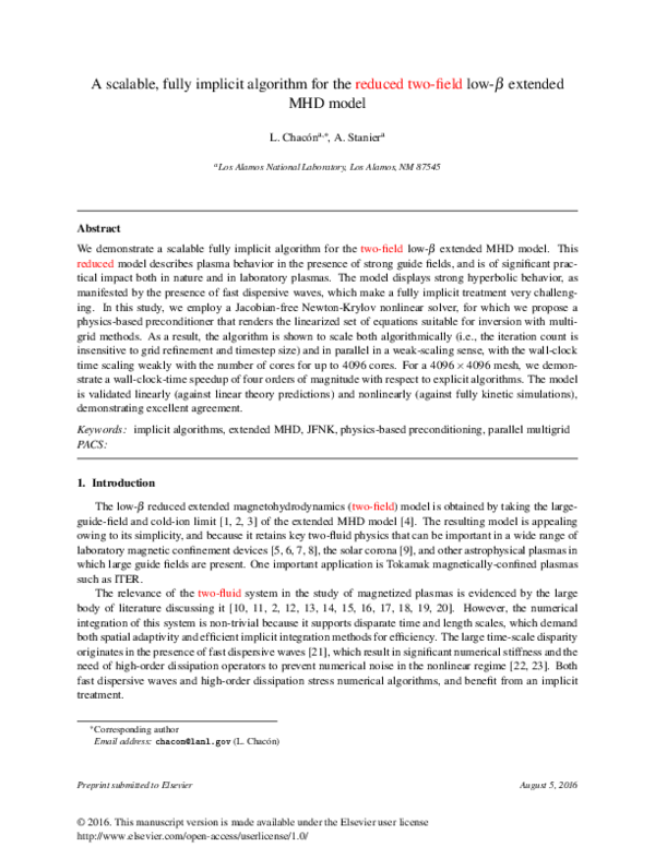 (PDF) A scalable, fully implicit algorithm for the reduced two-field ...