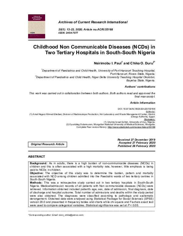 (PDF) Childhood Non Communicable Diseases (NCDs) in Two Tertiary ...