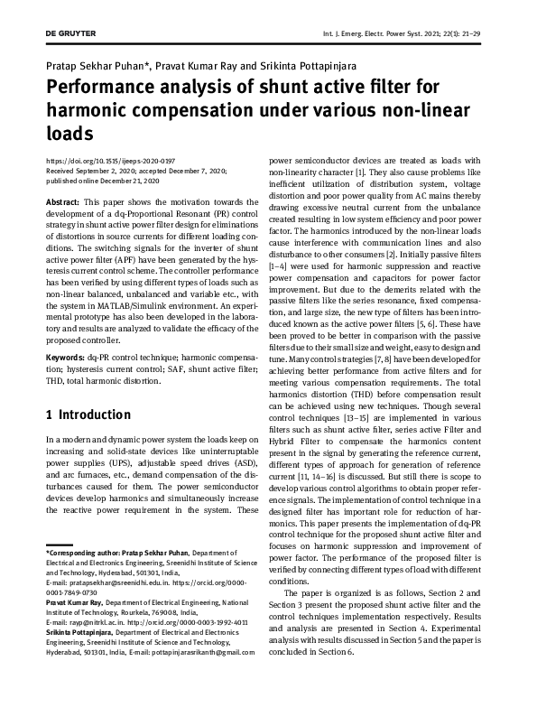 (PDF) Performance analysis of shunt active filter for harmonic ...