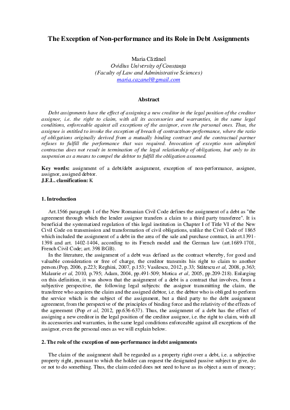 (PDF) The Exception of Non-performance and its Role in Debt Assignments