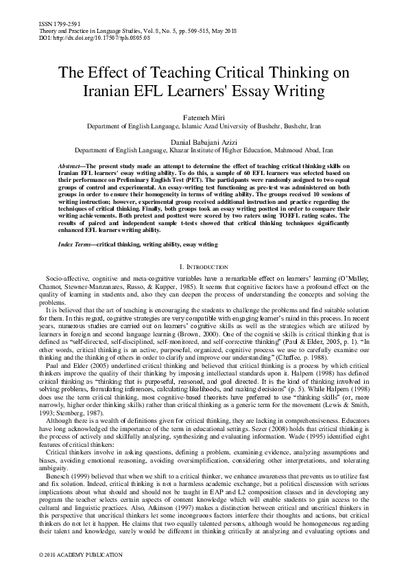 (PDF) The Effect of Teaching Critical Thinking on Iranian EFL Learners ...
