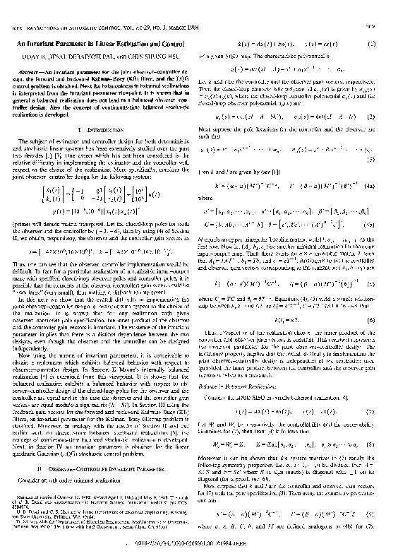 (PDF) An invariant parameter in linear estimation and control