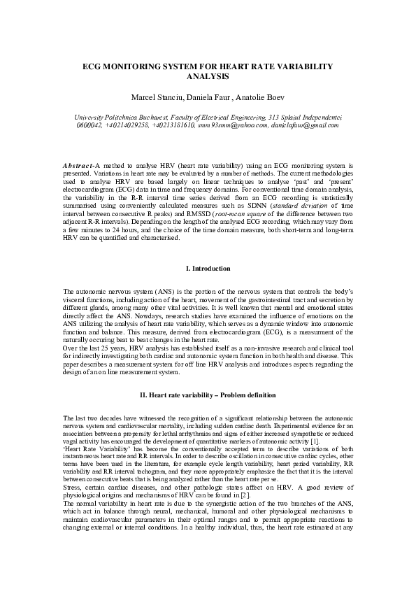 (PDF) Ecg Monitoring System for Heart Rate Variability Analysis