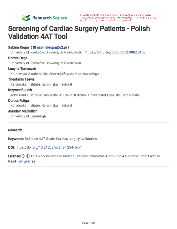 (PDF) Screening of Cardiac Surgery Patients - Polish Validation 4AT Tool
