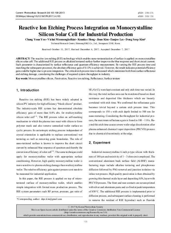(PDF) Reactive Ion Etching Process Integration on Monocrystalline ...