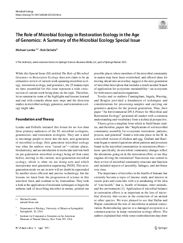 (PDF) The Role of Microbial Ecology in Restoration Ecology in the Age ...