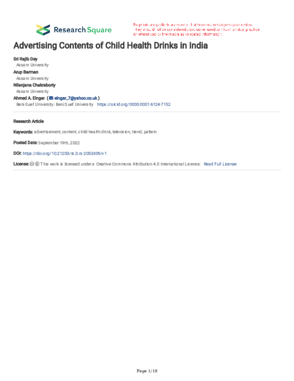 (PDF) Advertising Contents of Child Health Drinks in India Prof Arup