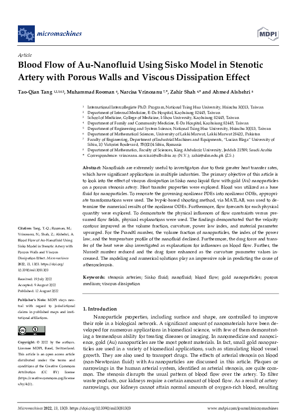 (PDF) Blood Flow of Au-Nanofluid Using Sisko Model in Stenotic Artery ...