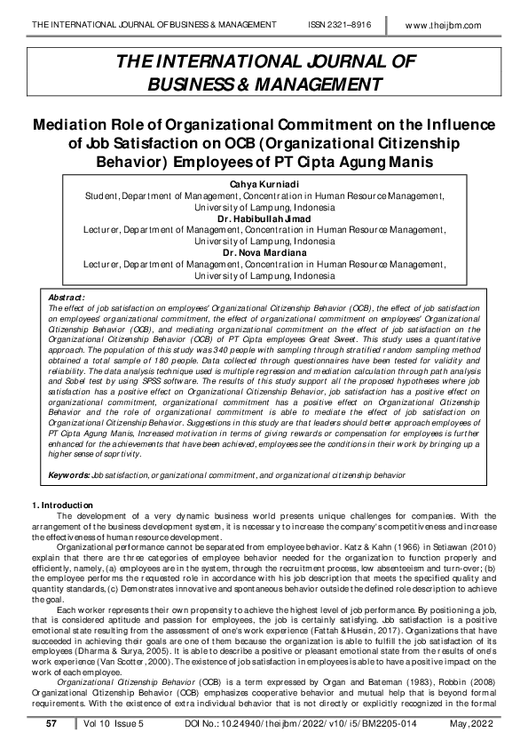 (PDF) Mediation Role of Organizational Commitment on the Influence of ...