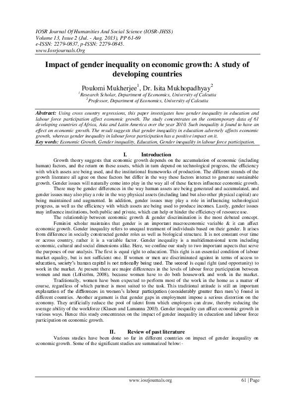 (PDF) Impact of gender inequality on economic growth: A study of ...