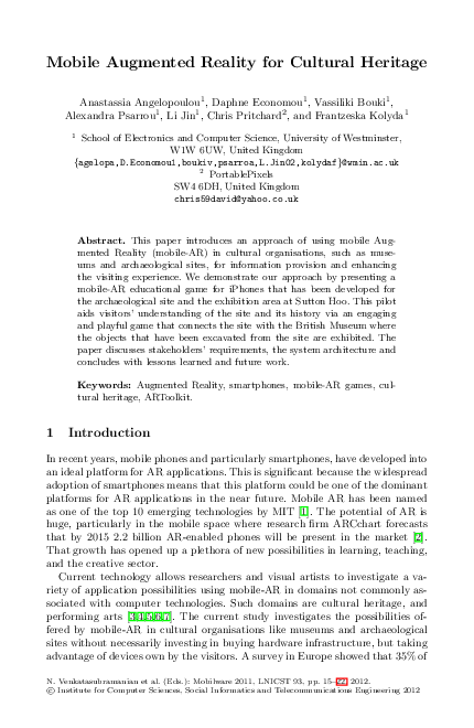 (PDF) Mobile Augmented Reality for Cultural Heritage