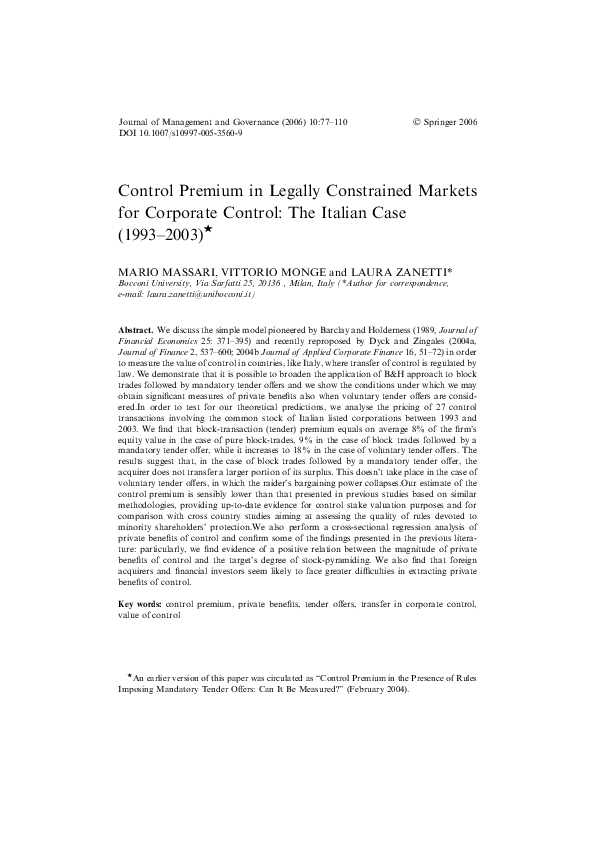 (PDF) Control Premium in Legally Constrained Markets for Corporate ...