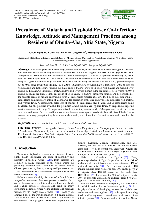 (PDF) Prevalence of Malaria and Typhoid Fever Co-Infection: Knowledge ...