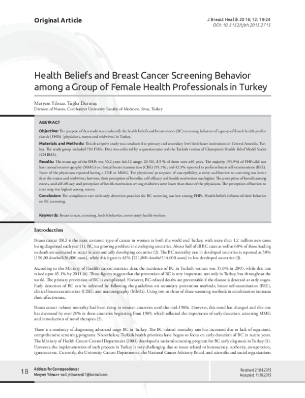 (PDF) Health beliefs and breast cancer screening behaviors among female ...