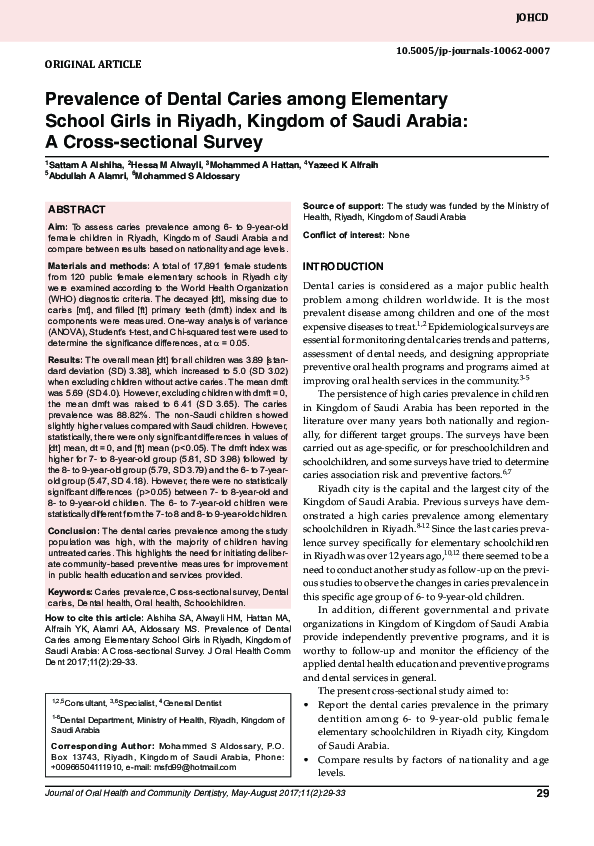 (PDF) Prevalence of Dental Caries among Elementary School Girls in ...