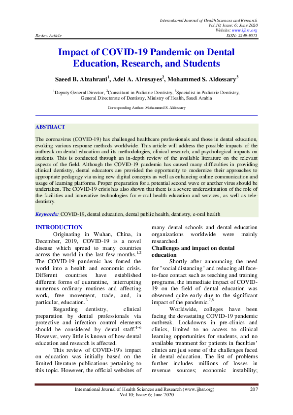 (PDF) Impact of COVID-19 Pandemic on Dental Education, Research, and ...