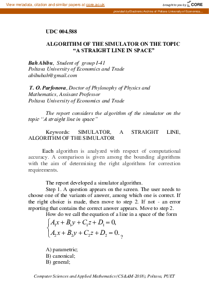 (PDF) Algorithm of the Simulator on the Topic “A Straight Line in Space”