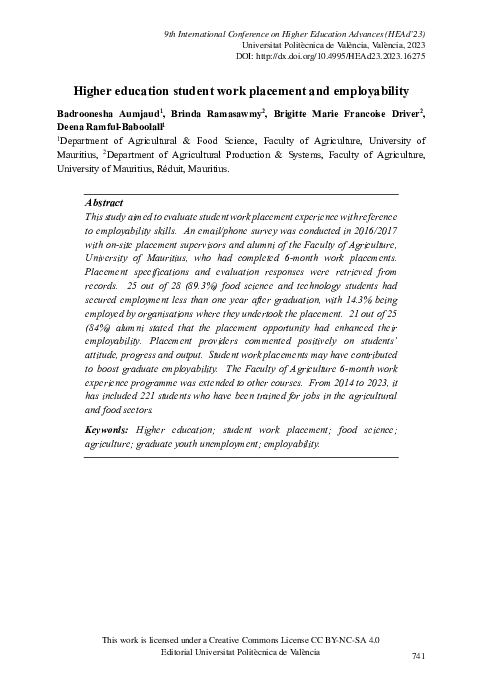 (PDF) Higher education student work placement and employability