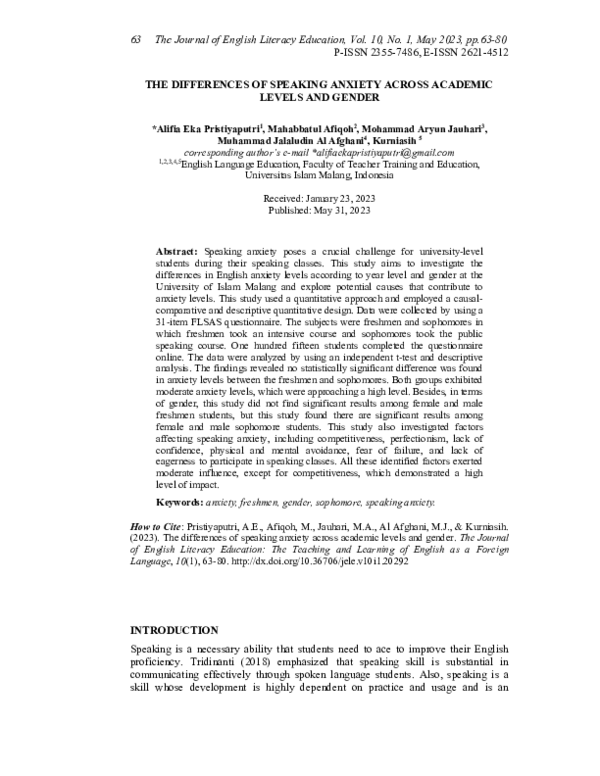 (PDF) The Differences of Speaking Anxiety Across Academic Levels and Gender