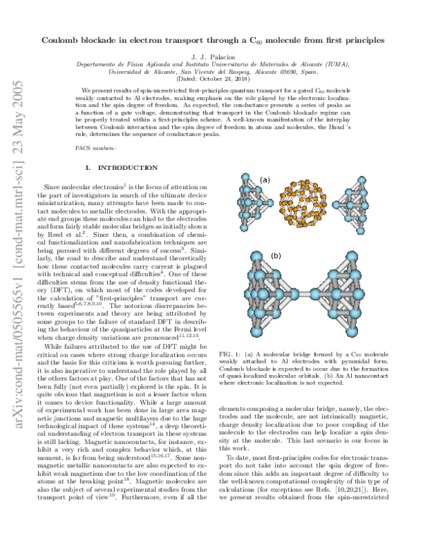 (PDF) Coulomb blockade in electron transport through aC60molecule from ...
