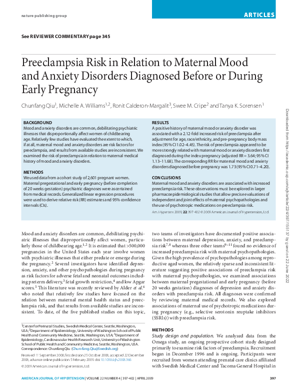 (PDF) Preeclampsia risk in relation to maternal mood and anxiety ...