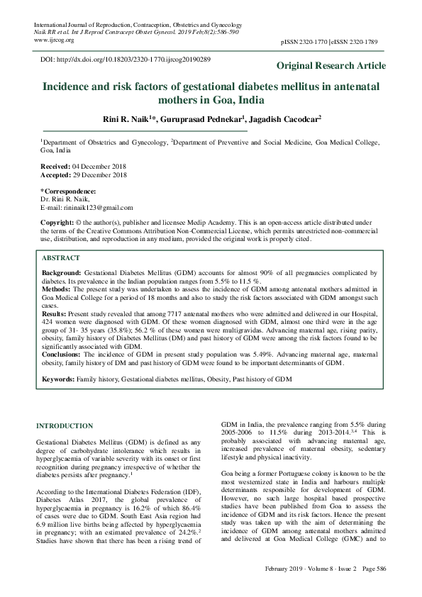 (PDF) Incidence and risk factors of gestational diabetes mellitus in ...