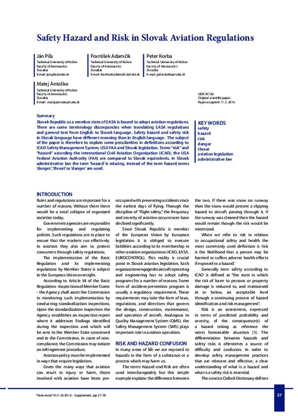 (PDF) Safety Hazard and Risk in Slovak Aviation Regulations