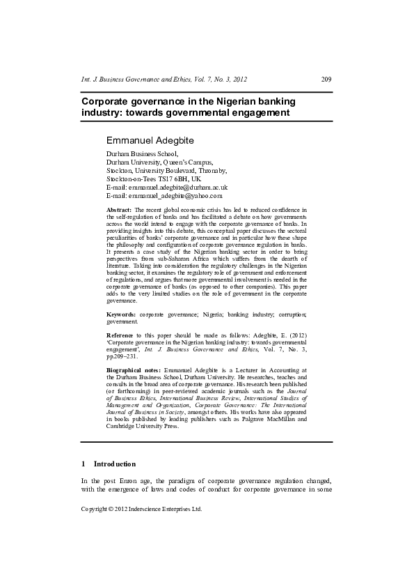 (PDF) Corporate governance in the Nigerian banking industry: towards ...