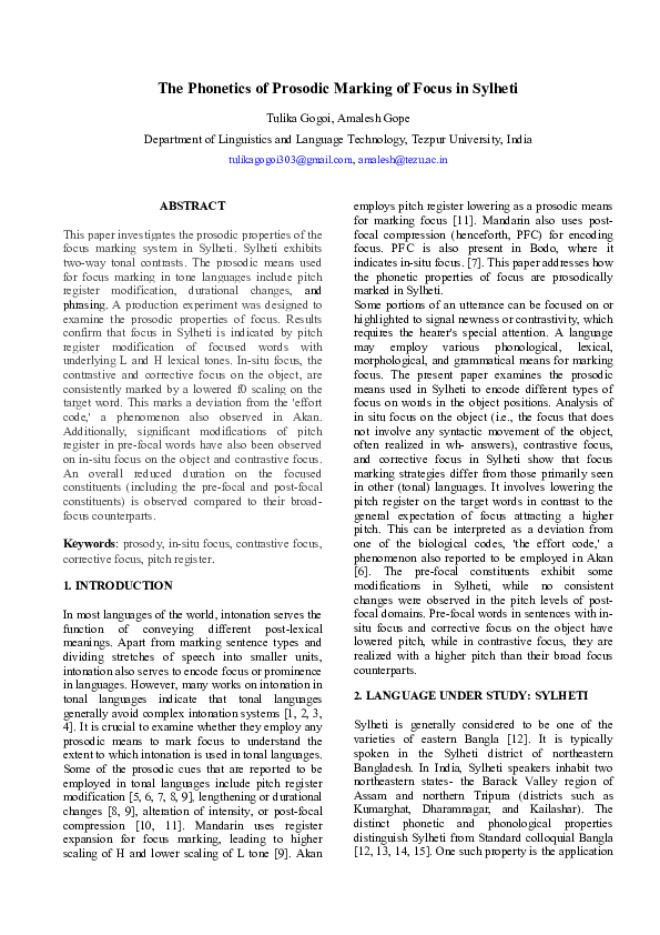 (PDF) The Phonetics of Prosodic Marking of Focus in Sylheti