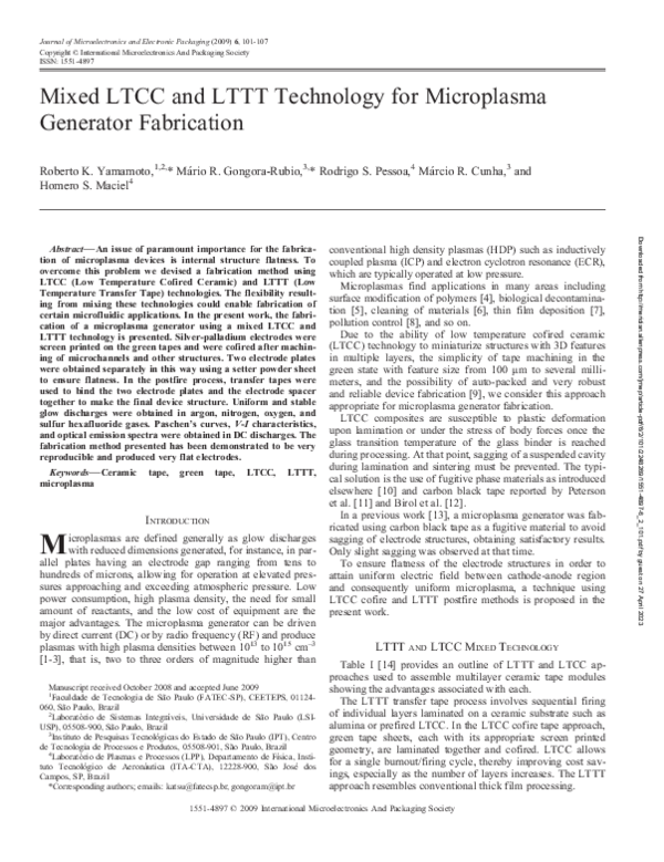 (PDF) Mixed LTCC and LTTT Technology for Microplasma Generator Fabrication
