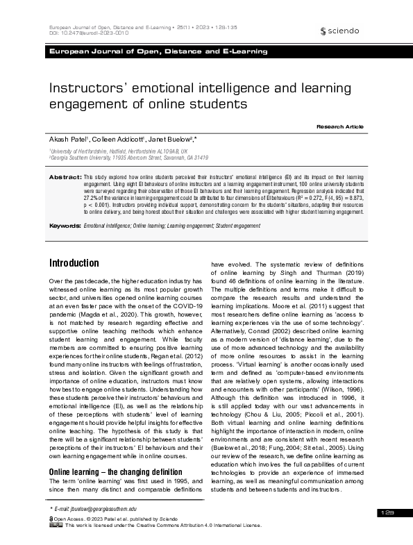 (PDF) Instructors’ emotional intelligence and learning engagement of ...