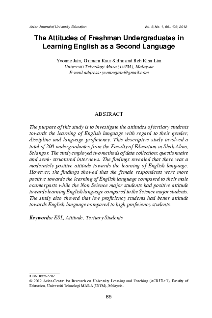 (PDF) the Attitudes of Freshman Undergraduates in Learning English as a ...