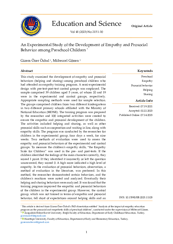 (PDF) An Experimental Study of the Development of Empathy and Prosocial ...