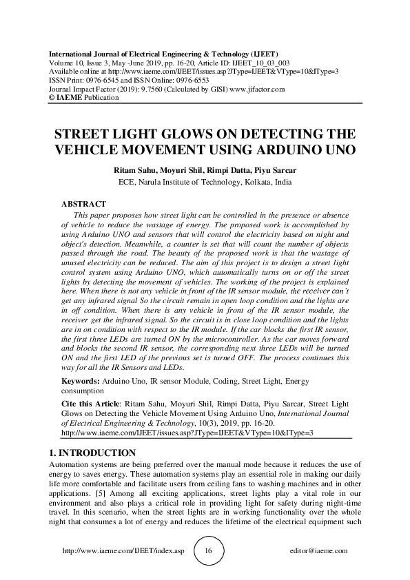 (PDF) Street Light Glows on Detecting the Vehicle Movement Using