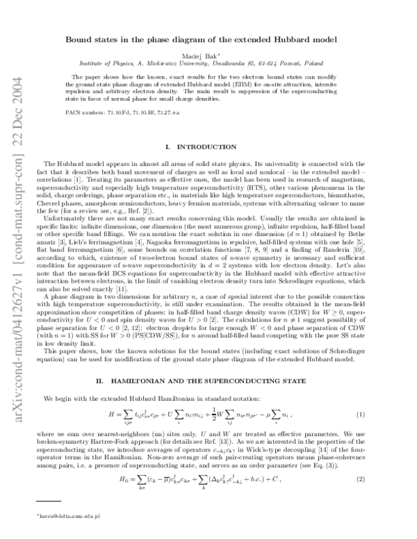 (PDF) Bound states in the phase diagram of the extended Hubbard model
