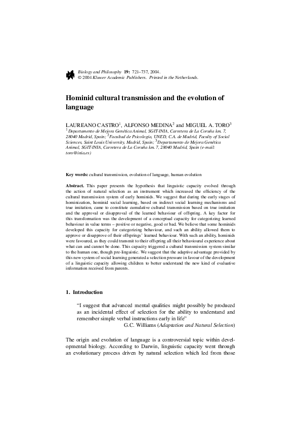 (PDF) Hominid cultural transmission and the evolution of language
