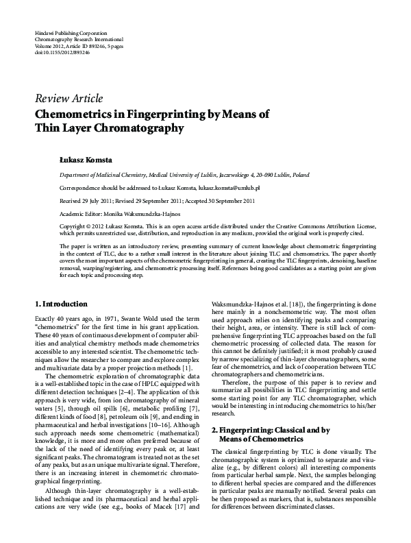 (PDF) Chemometrics in Fingerprinting by Means of Thin Layer Chromatography