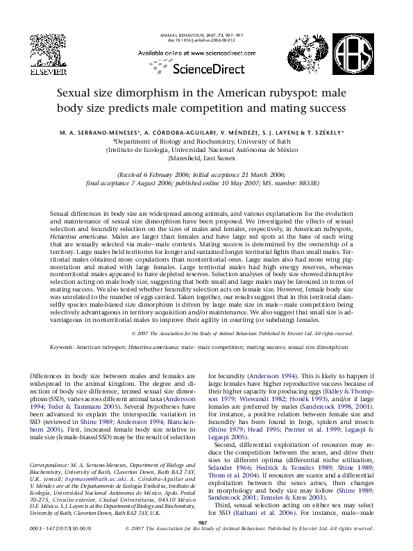 (PDF) Sexual size dimorphism in the American rubyspot: male body size ...