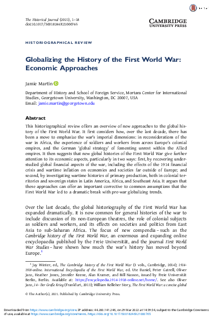 (PDF) Globalizing the History of the First World War: Economic Approaches