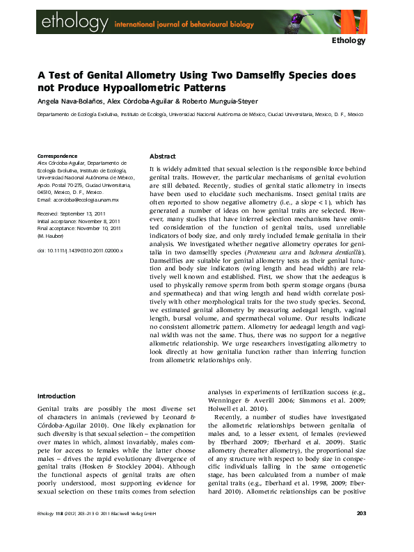 (PDF) A Test of Genital Allometry Using Two Damselfly Species does not ...