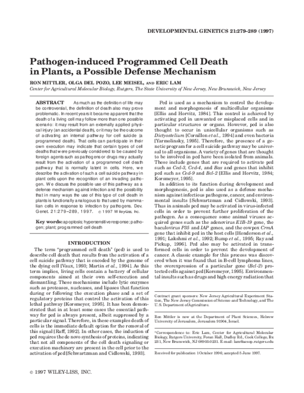 (PDF) Pathogen-induced programmed cell death in plants, a possible ...
