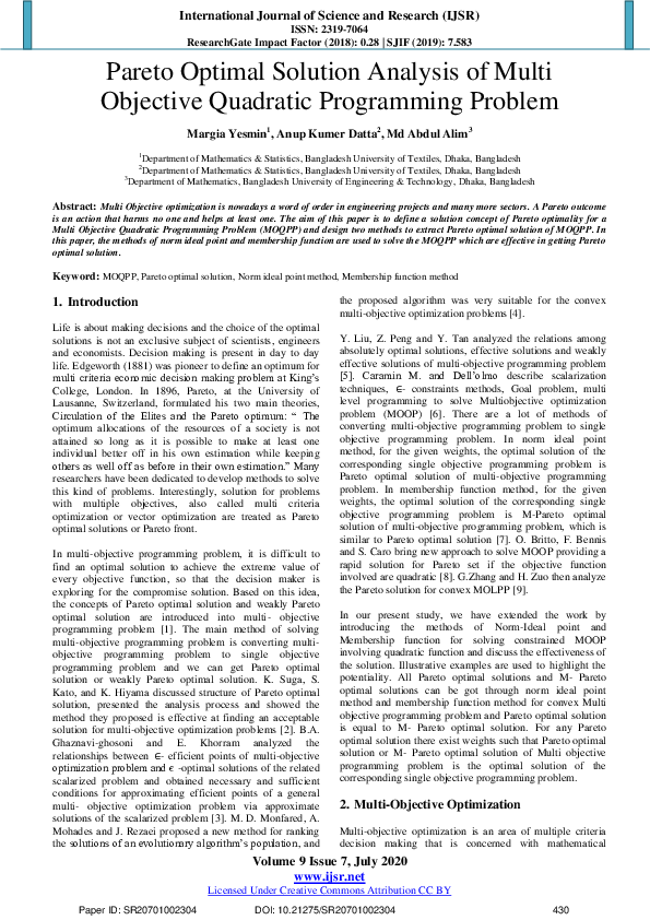 (PDF) Pareto Optimal Solution Analysis of Multi Objective Quadratic ...